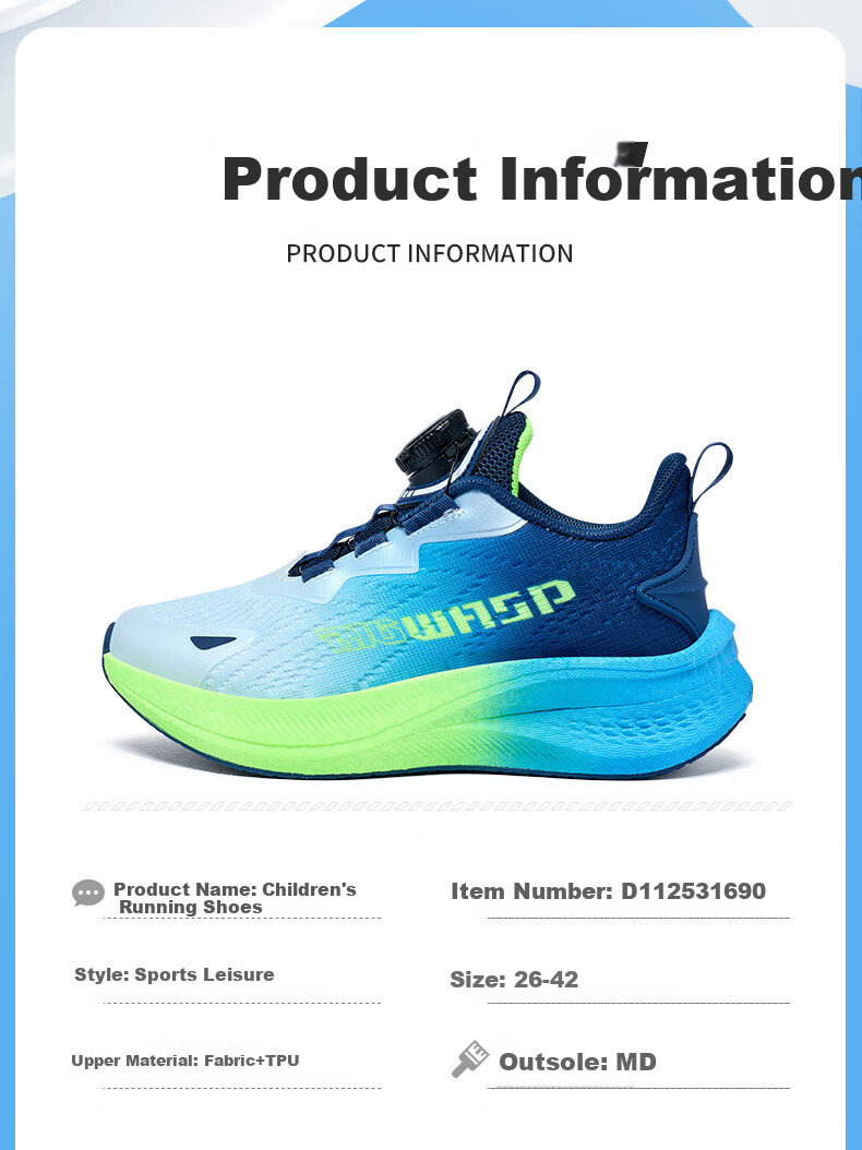 Bumblebee Kids Running Shoes 2026 Spring Boys Sports Shoes D112531690 Blue Fluorescent Green Size 36 11