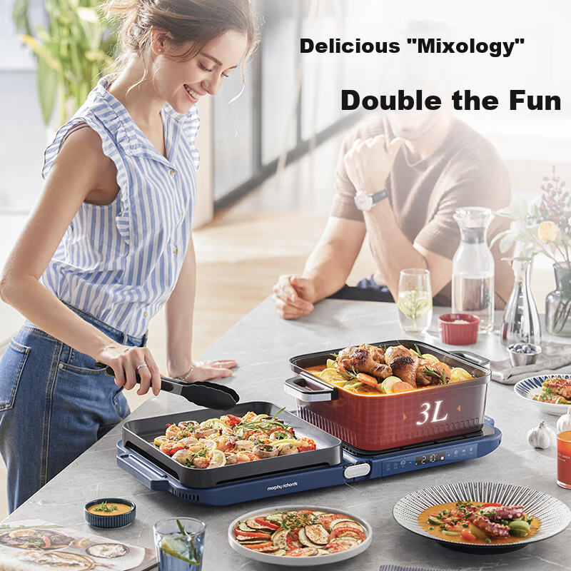 Morphyrichards Third-Generation Foldable Multi-Purpose Pot, Home Use, Party, Barbecue, Electric Grill Plate, Electric Hot Pot, Electric Barbecue Stove, All-In Independent Temperature Control Non-Stick Barbecue Meat Pot MR9188 White