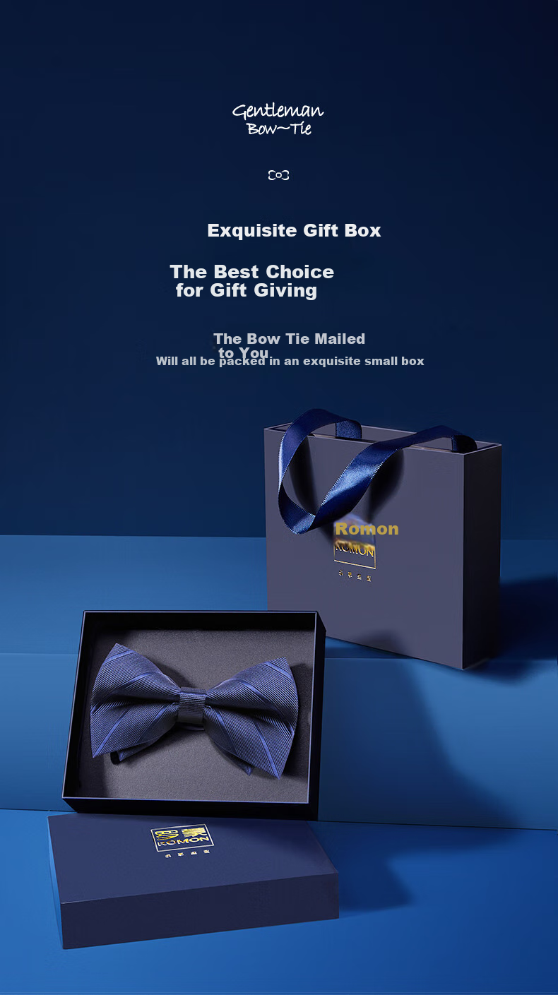 Luomeng Men's Formal Bow Tie, Wedding Groom Attire, British-Style Butterfly Knot, Navy Blue, Gift Box Packaging 5