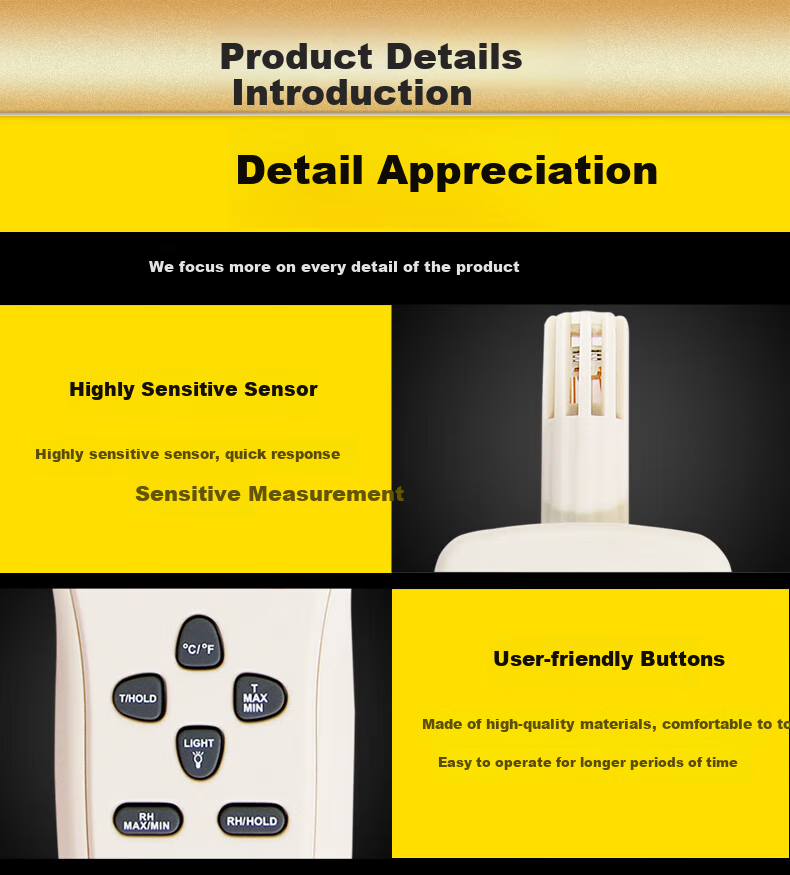 Xima High-Precision Digital Air Temperature And Humidity Meter, Industrial Handheld Integrated Temperature And Humidity Detector AR807A+ 7