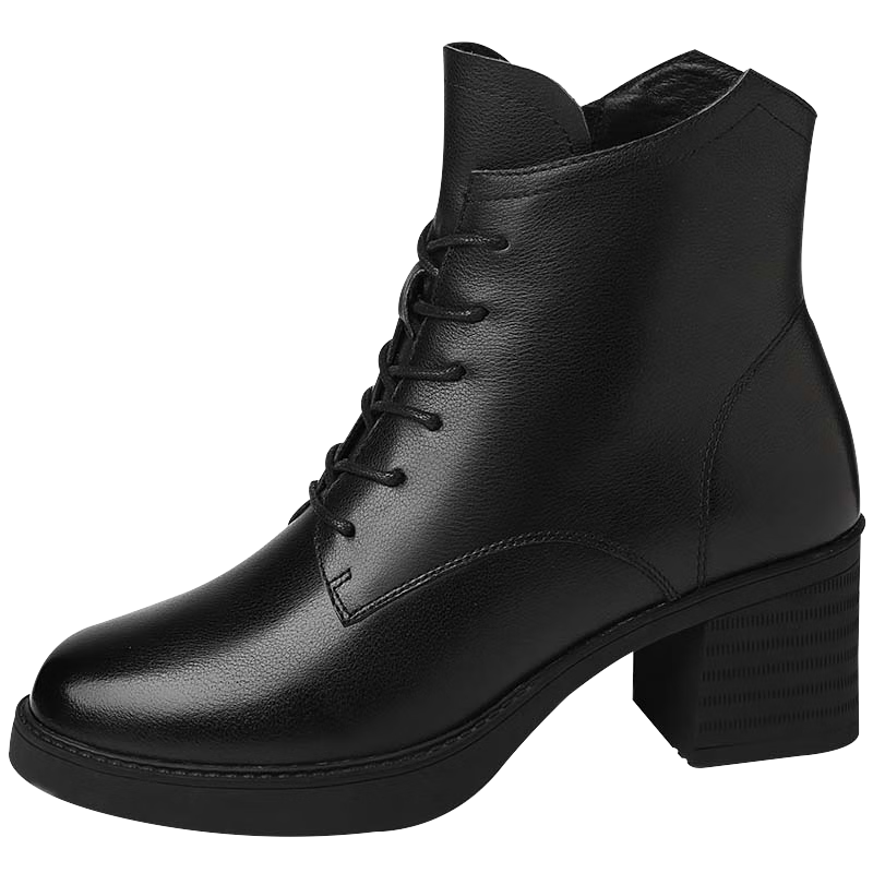 FUGUINIAO Genuine Leather Cowhide Fashion Boots Women Autumn Winter Fleece Lined Warm Short Boots Round Toe Chunky High Heels Single Lining Size 36