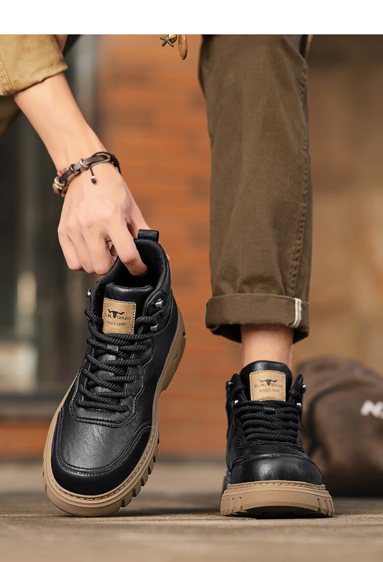 Bull Family Martin Boots Men Autumn Winter Retro British Work Boots High Top Lace-up Casual Short Boots Men's Thick Sole Height Increasing Boots 13
