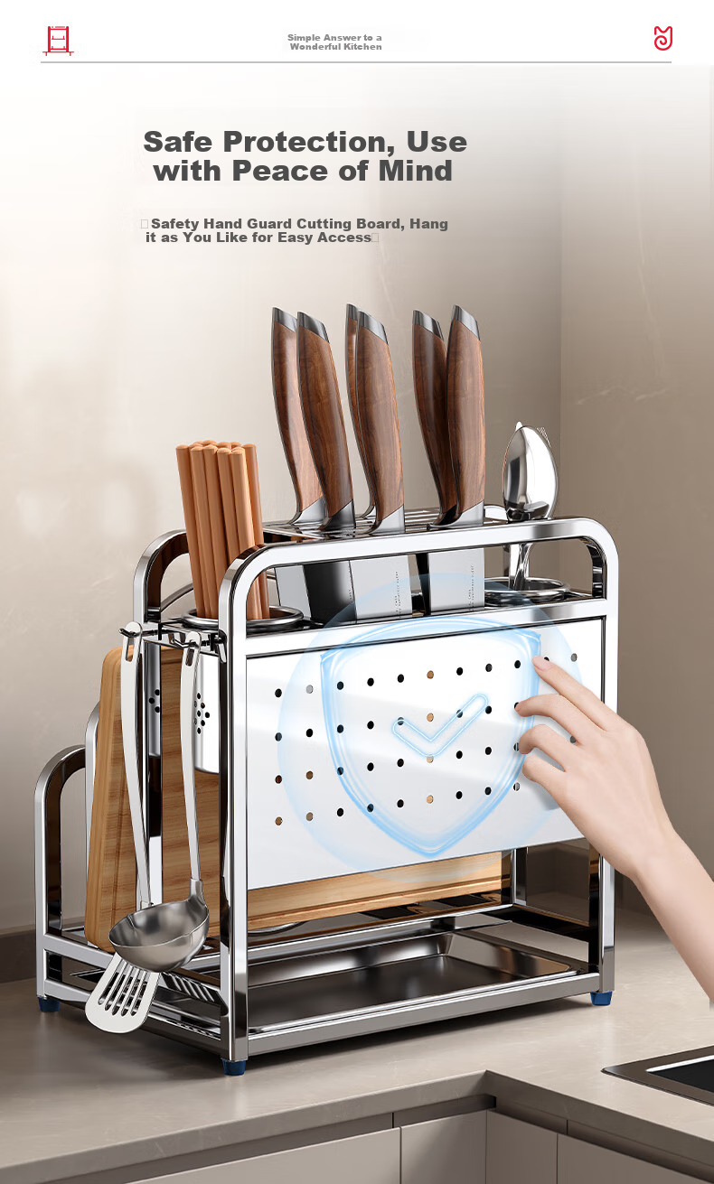 Meichuwuyu Knife Holder, 304 Stainless Steel Kitchen Storage Rack, Knife Block with Cutting Board, Integrated Chopping Board, Knife Storage Rack 13