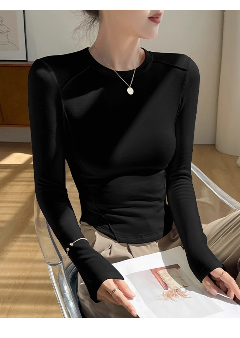 La Chapelle Crew Neck Fleece Thickened Curved Hem Herringbone Inner Layer Autumn Winter Slim Fit Long Sleeve T-Shirt Women Off-White M 12