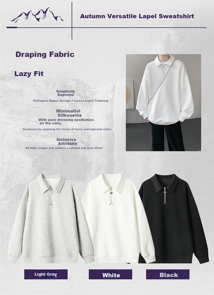 Dingfengbaoluo Half-Zip Top, Spring Versatile Casual Loose Solid Color Long-Sleeve Lapel Sweatshirt TID03 White M 2