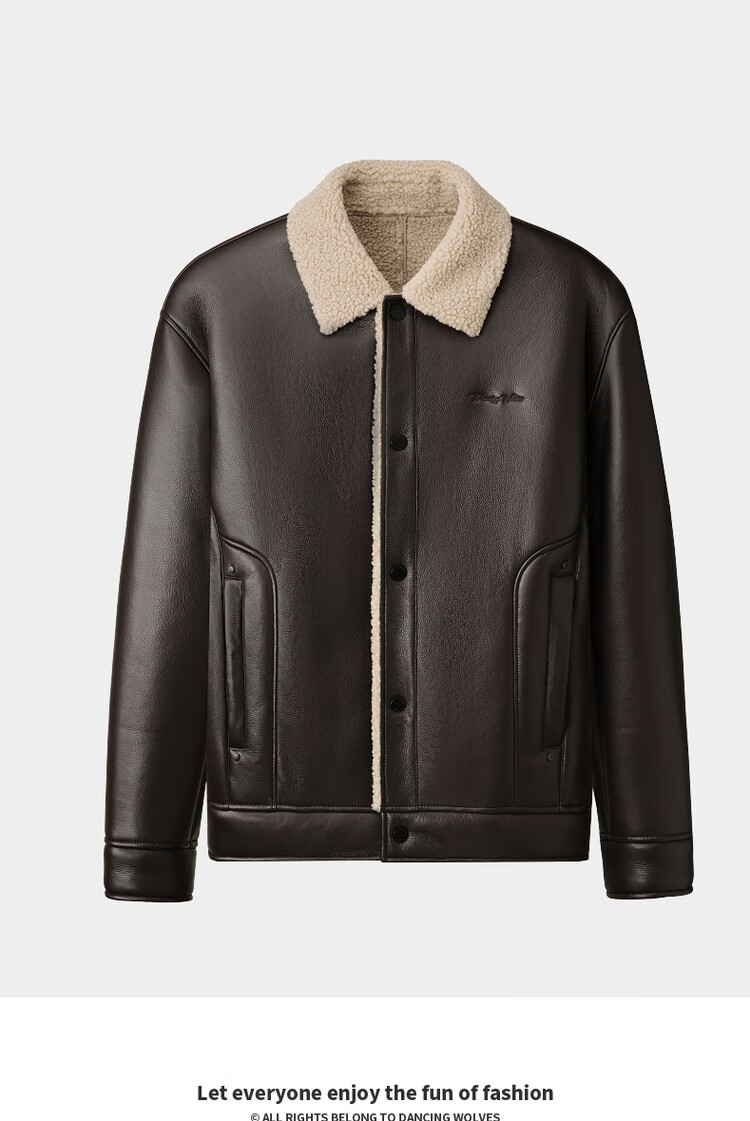 DANCING WOLVES Classic Lapel PU Leather Warm Men's Thick Jacket with Faux Lamb Wool Lining 303 Coffee XL 1
