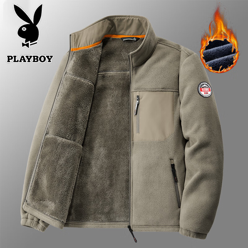 PLAYBOY Men's Autumn Winter Fleece Lined Thickened Stand Collar Warm Loose Casual Jacket Khaki XL