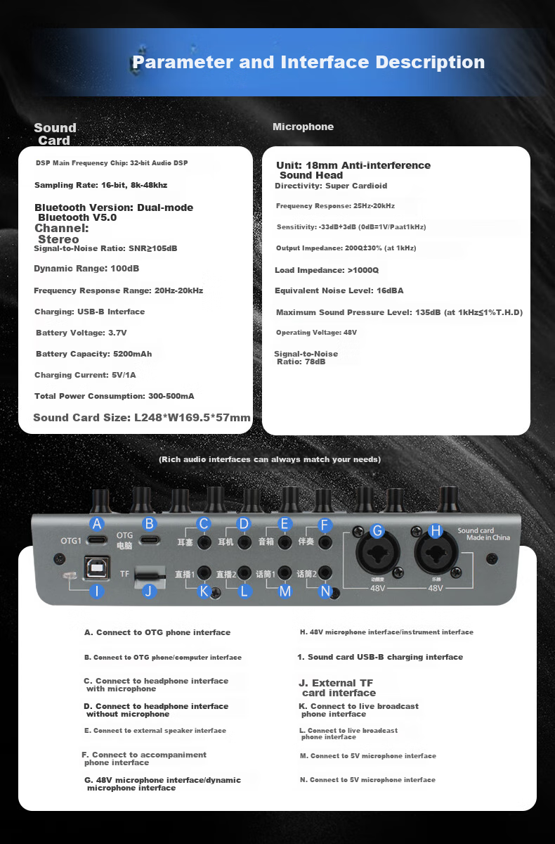 Feilipu 48V Mobile Phone And Computer OTG Live Streaming Bluetooth Accompaniment Long Battery Life Sound Card Professional Recording Live Streaming Equipment DLM3027 Sound Card + DLM9316 Large Diaphragm 48V Microphone Set 6