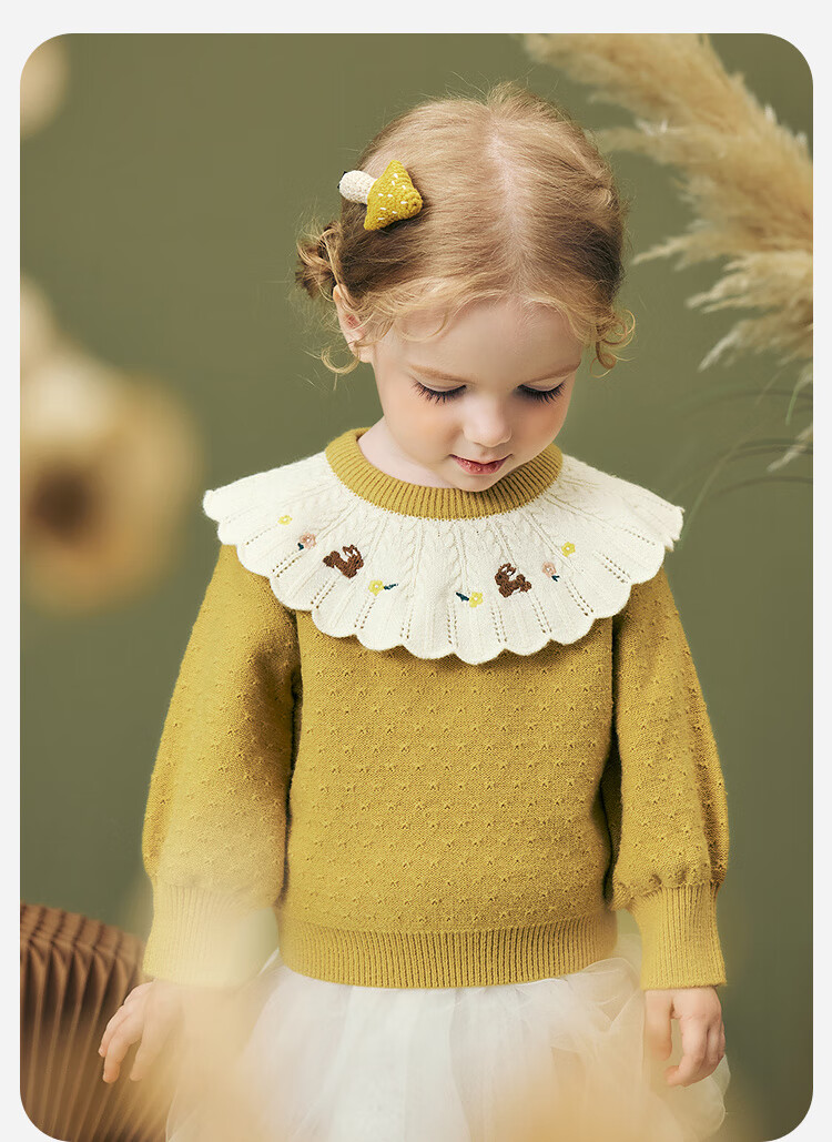 Minibala Girls' Baby Embroidered Sweater, Anti-Deformation, Anti-Pilling, Lantern Sleeves, Skin-Friendly, Winter 2025 1