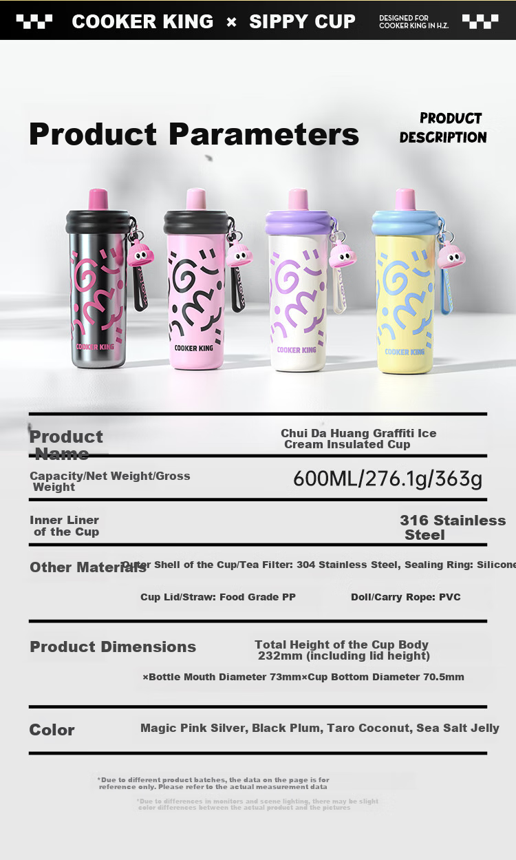 COOKER KING Insulated Mug, 316 Stainless Steel, Stylish Design for Women, Tea Infuser Cup with Straw, Large Capacity Water Bottle for Children, 600ml 12