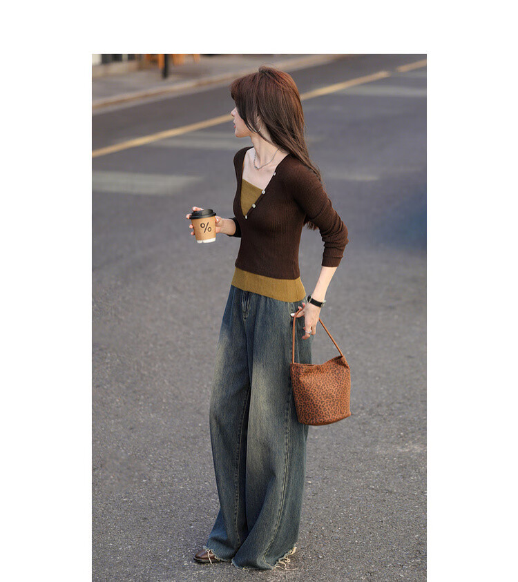 MT Butter Canelé Autumn Vintage Two-Tone Layered Wool Blend Short Knit Sweater for Women 5