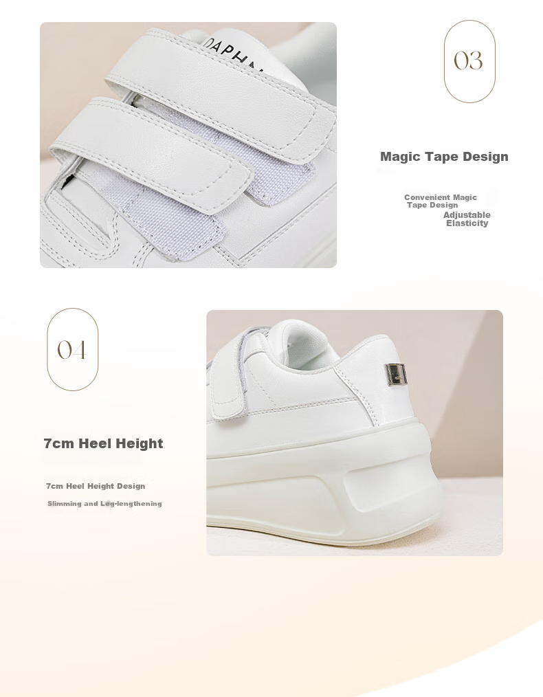 DAPHNE Velcro Platform White Sneakers for Women, Spring 2025 New Women's Casual Shoes, Height-Increasing Skateboard Shoes, Beige, Size 40 7