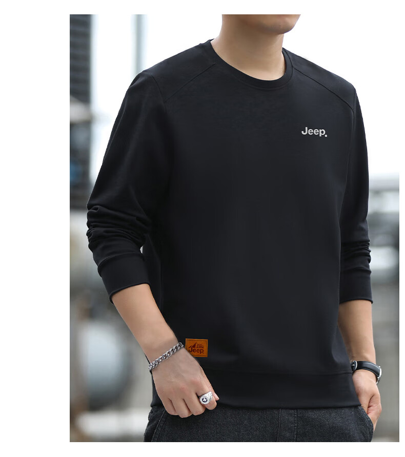 JEEP Men's Sweatshirt, Loose-Fitting Long-Sleeve T-Shirt for Autumn, Versatile Round Neck Undershirt, Casual Menswear, Black, Size L 12
