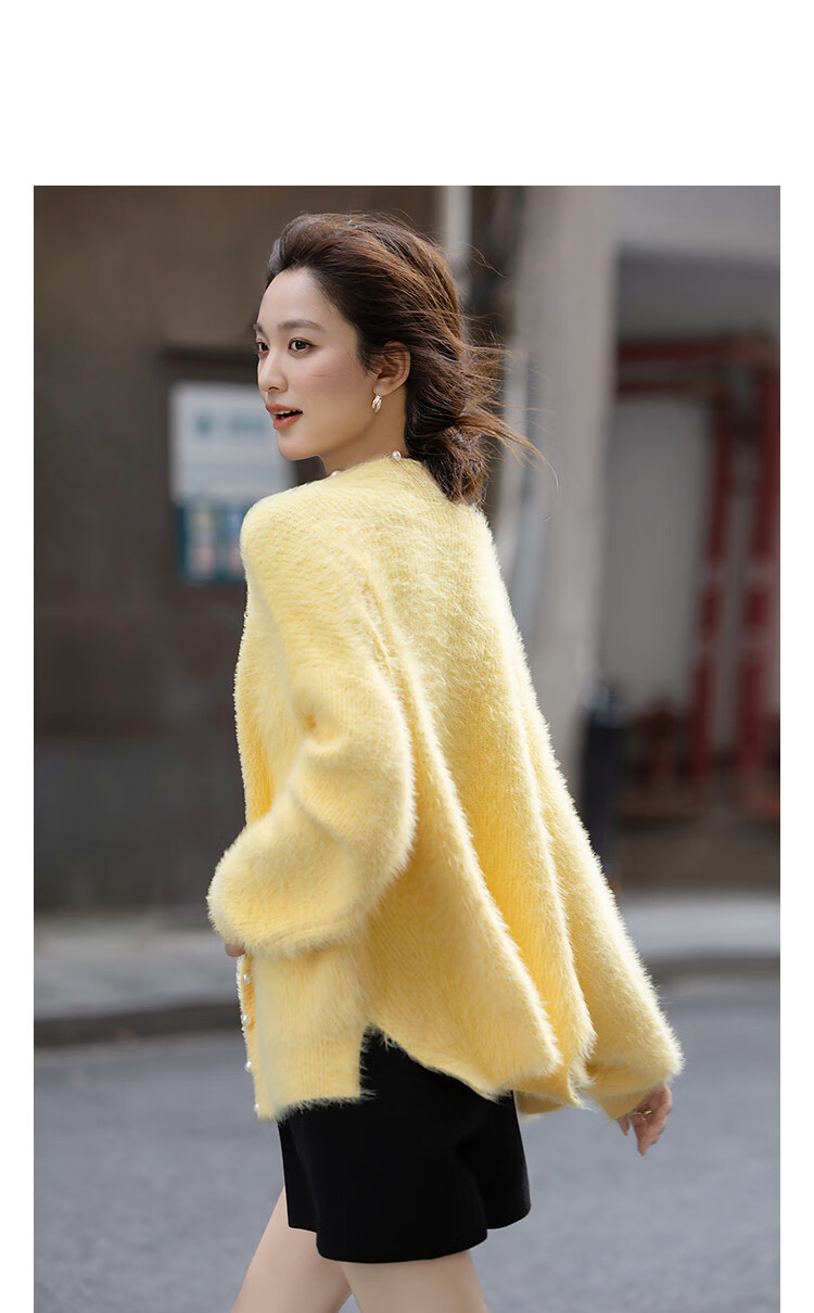 Demana Textured Faux Mink Velvet Autumn V-Neck Beaded Cardigan Loose Fit Knit Top for Petite Women 1
