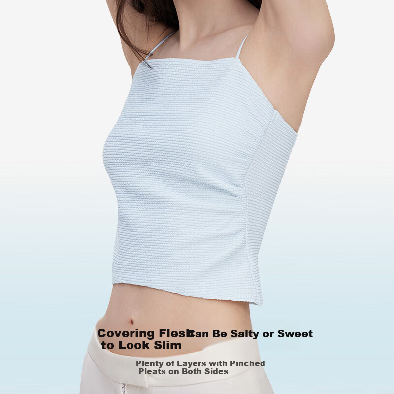 Ubras Liu Wen Style Sweet Girl Ruched Camisole Tank Top for Women, Inner Wear, Beautiful Back Top, Outer Wear, Ripple Blue, Size L