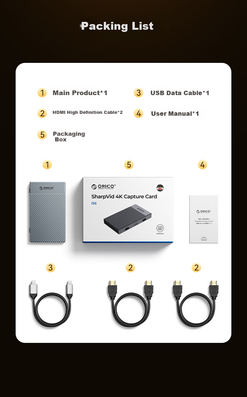ORICO HDMI Video Capture Card, 4K 60Hz HD Live Streaming, Compatible with Sony And Canon Cameras, DSLR, PS5/Switch/Xbox/Gaming Phones/Computers/Laptops Capture Device 17