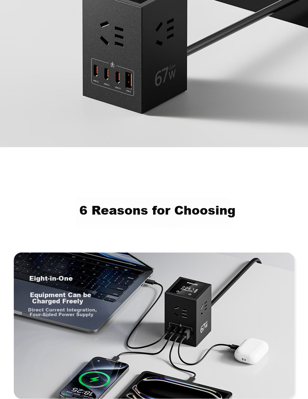 PHILIPS Desktop Charging Station, Gaming Power Strip, 67W Vertical Digital Display Socket, Gallium Nitride USB Outlet, Multifunctional Smart Fast Charging Extension Cord, Multi-Port Power Strip Suitable for IPhone 18 2