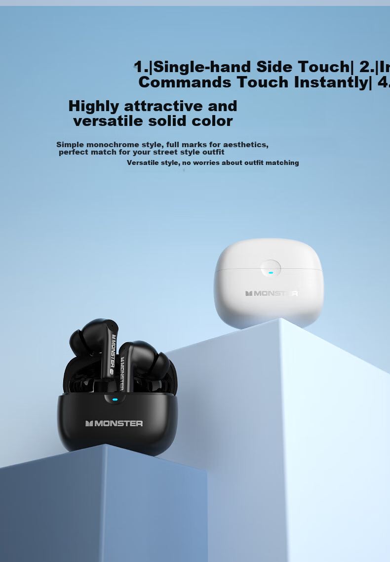 Monster In-Ear True Wireless Bluetooth Earphones, Wireless Sports Gaming Headset, Call Noise Reduction, Bluetooth 5.4, Compatible with Apple And Huawei Phones GT16 White 12
