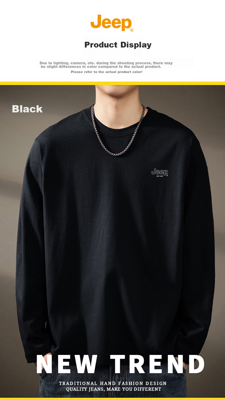 JEEP Men's Long-Sleeve T-Shirt, Loose-Fit Round Neck Undershirt for Spring And Autumn, Pure Cotton Versatile Top, Men's Clothing, Black, M 4