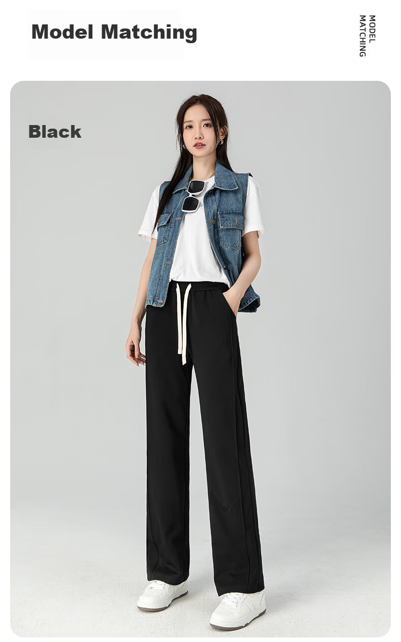 BOPRUIEY Black Slim Wide-Leg Pants for Women, 2026 Spring Style, High-Waisted Casual Slimming Draping Straight Cotton Trousers 17