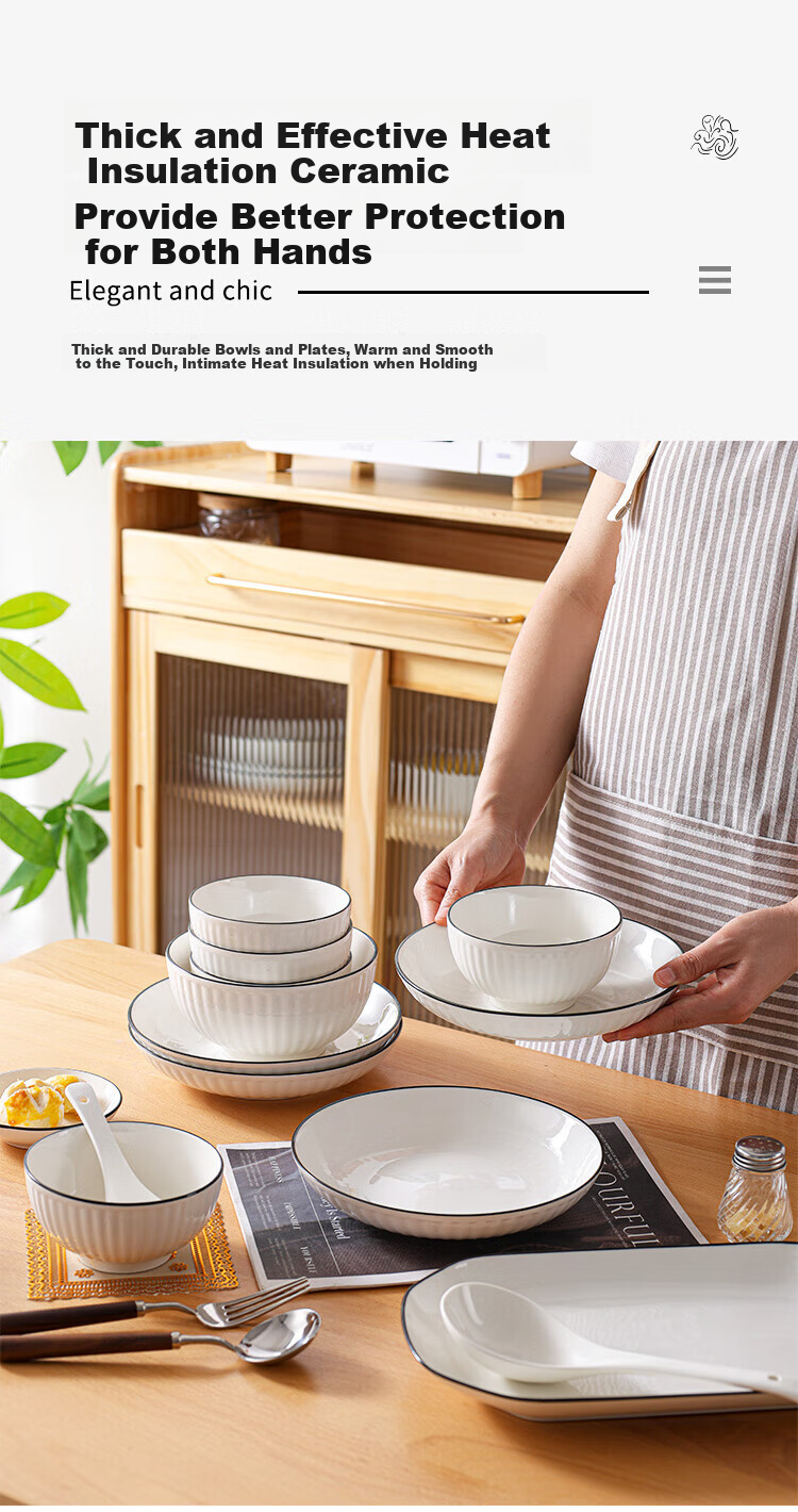 Chuanqi Tableware Set, Simple Pure White Underglaze Ceramic Bowls And Plates, 28 Pieces, Black Line Vertical Pattern, Suitable for 3-6 People 5