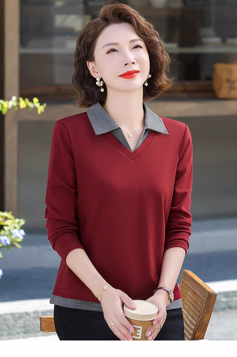 Woodpecker Women's Autumn Polo Shirt with Lapel Long Sleeve, Fake Two-Piece, Plus Size, Maroon, M 12