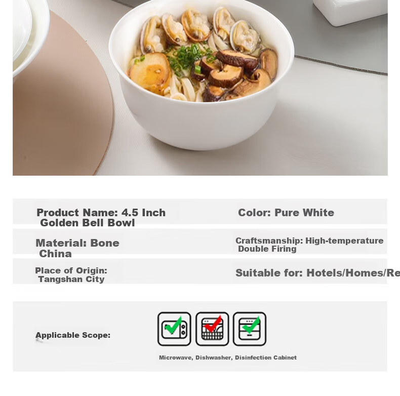 Sky Top Rice Bowl, Bone China Small Soup Bowl, Pure White Ceramic, Home And Hotel Tableware Set, 4.5-Inch Golden Bell Bowls, 10 Pieces 5