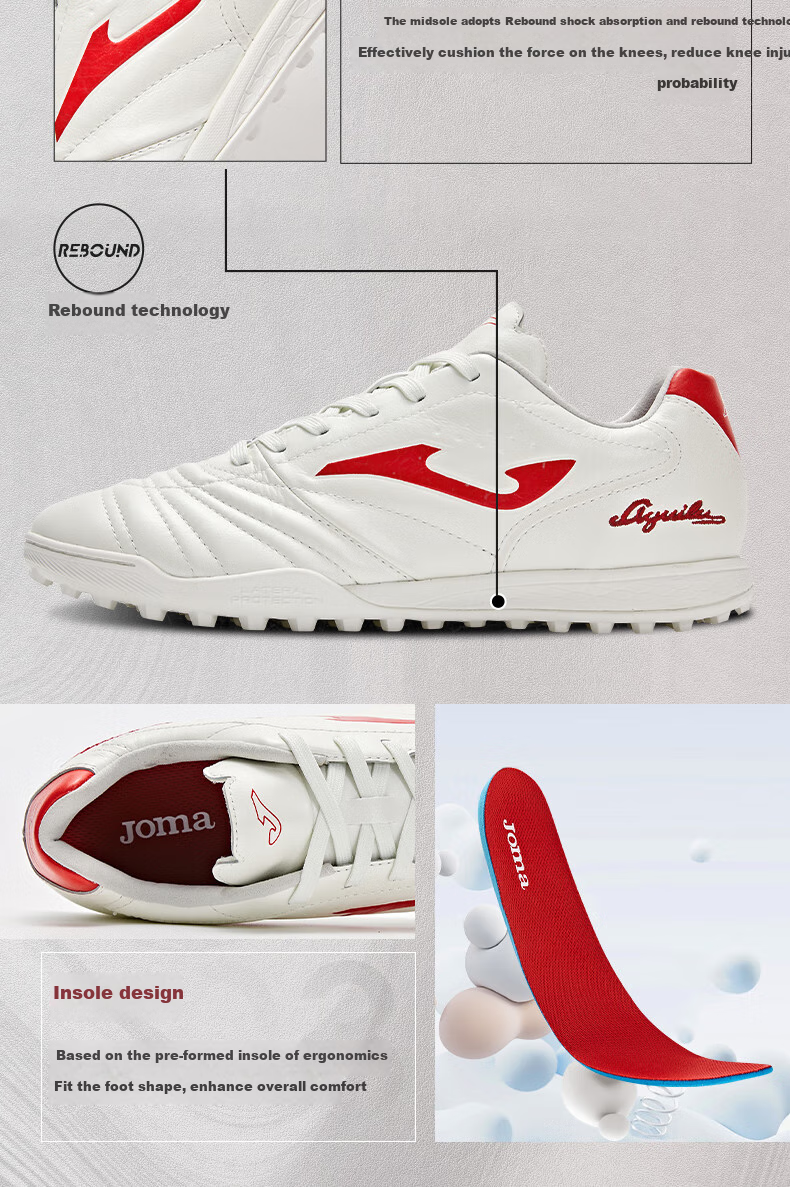 JOMA Kangaroo Leather Soccer Shoes for Men with TF Studs, Professional Competition Football Training Shoes for Adults And Youth, White And Red, Size 39 4