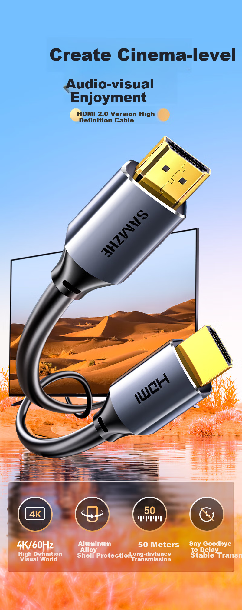 SAMZHE HDMI Cable Version 2.0, 4K High-Definition Cable, 3D Video Professional Grade, for Connecting Laptop, Set-Top Box to TV Projector Monitor, Data Cable 0.75 Meters HDK-075 1