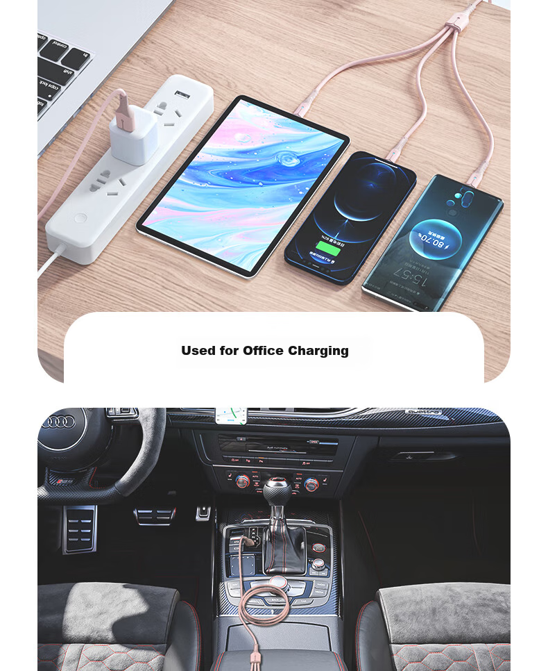 Nengshi Three-In Charging Cable, Fast Charging Compatible with Apple IPhone14/Typec And Android Devices, Three-Headed Cable for Xiaomi/Huawei, 66W, 0.6 Meters, Pink 19