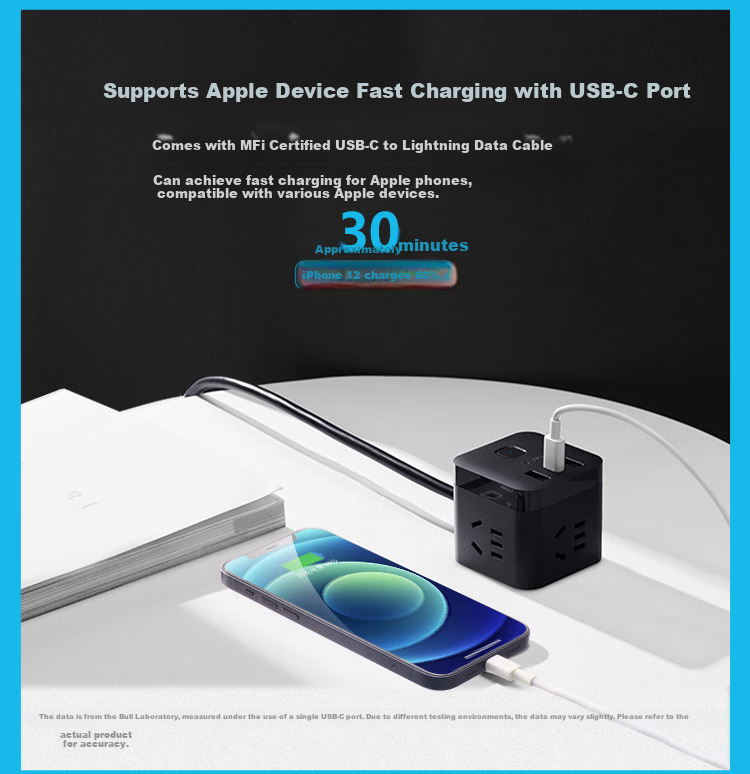 BULL 20W PD Apple Fast Charging Cube Power Strip/Extension Cord/Surge Protector/Desktop Charging Station, Type-C+USB+3 Outlets, 3 Meters Long, Black, GNV-UU2203H, Master Switch 5