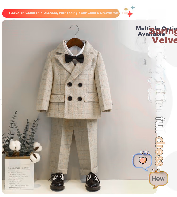LUOBOBEIBEI Children's Suit Plaid Boys Formal Wear Set for Piano Performance, Host, And New Year Greetings, Navy Blue Five-Piece Set, Size 150 1