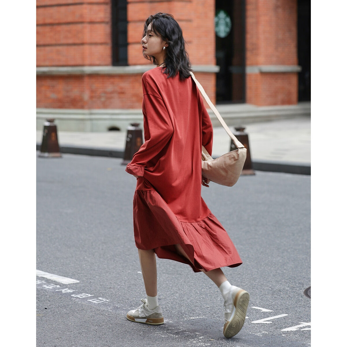 Demana 2025 Spring Basic Versatile Patchwork Hem Crew Neck Pullover Long Sleeve Long Dress