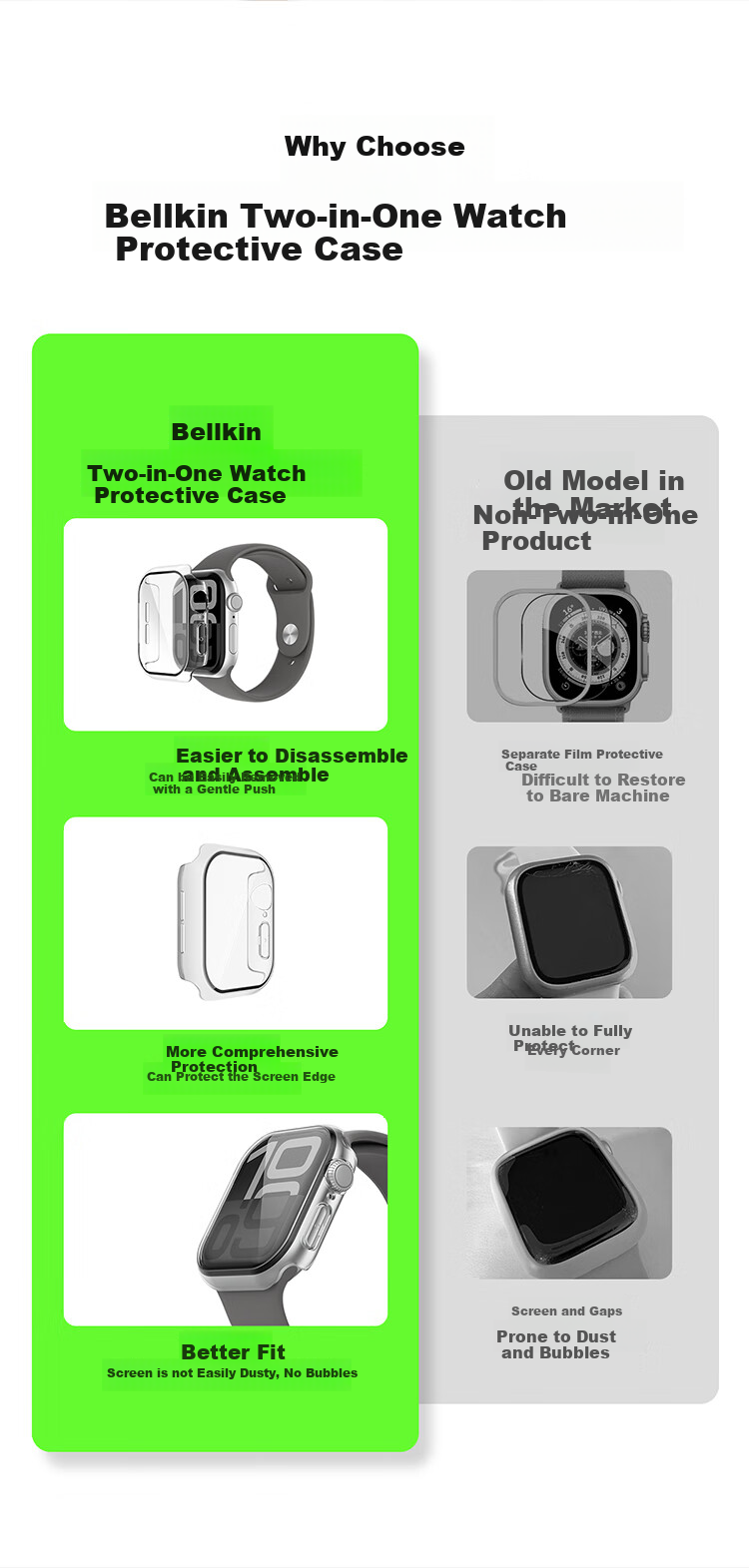 BELKIN Full Coverage Transparent Protective Case for Apple Watch, Apple Watch S11 Watch Film, Tempered Glass Full Screen Anti-Drop Case Two-In Suitable for 42mm Model, Black 2