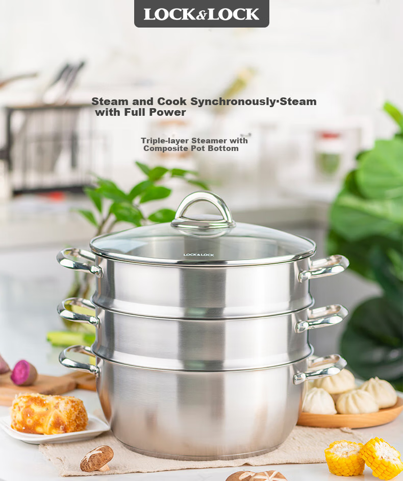 LOCK&LOCK Stainless Steel Steamer Pot, Large Capacity Home Steamer 28CM Three-Layer Combination Set for Steaming Meat, Fish, Buns And Mantou 1