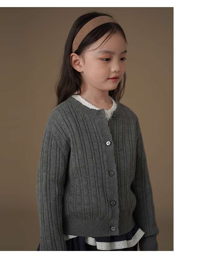 Hacikis Kids Spring and Autumn Knitted Cardigan Simple High-End Feel Skin-Friendly Girls' Mid to Big Kids Gray 160 8