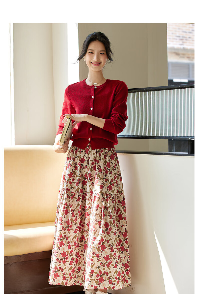 Fanximan Holiday Style Casual Set Women Autumn New Knitted Top and Skirt Two-Piece Set Apricot Base Red Floral L 8