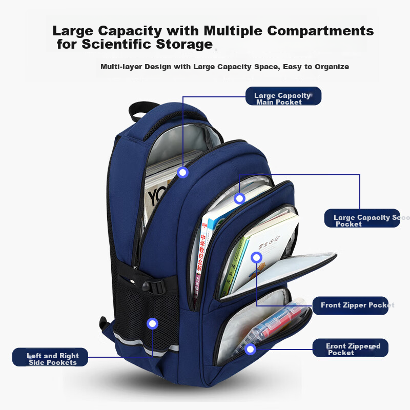 SNOOPY Middle School Backpack for Boys And Girls, Elementary School Grades 1-4 Large Capacity Children's Lightweight Spine-Protecting Backpack, Blue