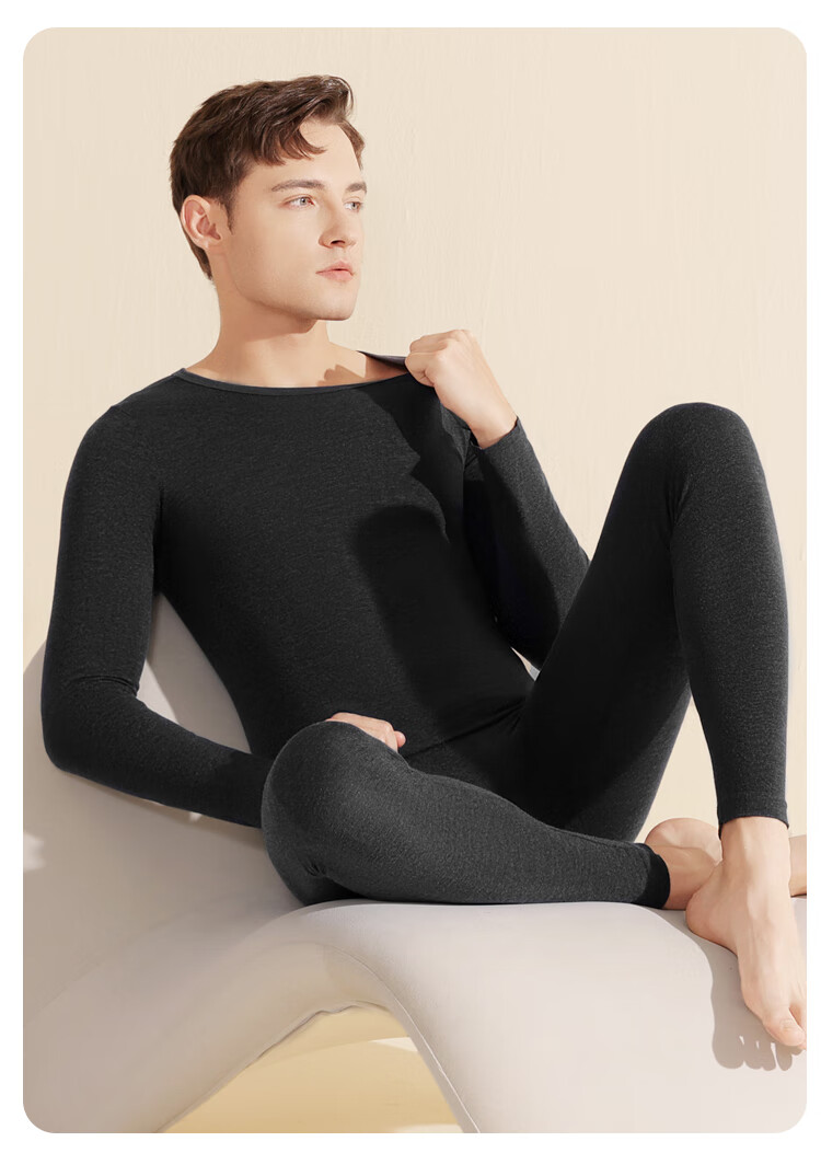 LangSha Men's Acrylic Thermal Seamless Round Neck Breathable Thin Warm Base Layer Set 17