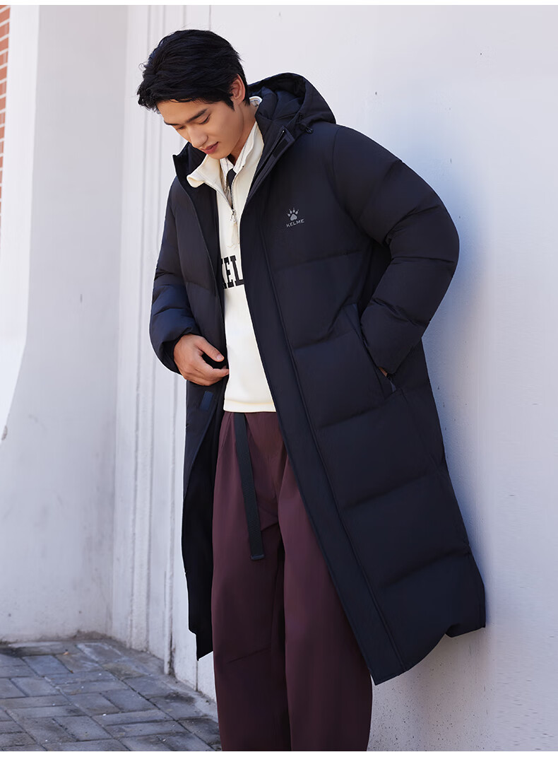 KELME Men's Winter Sports Down Jacket Thickened Warm Hooded Long Duck Down Coat Agate Black 3XL 5