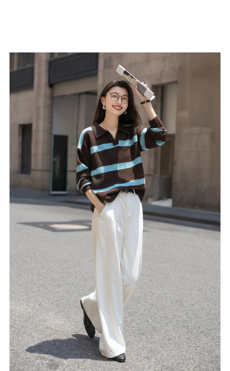 Demana Sea Salt Canelé Winter Retro Colorblock Striped Lapel Wool Blend Knit Sweater for Women 1