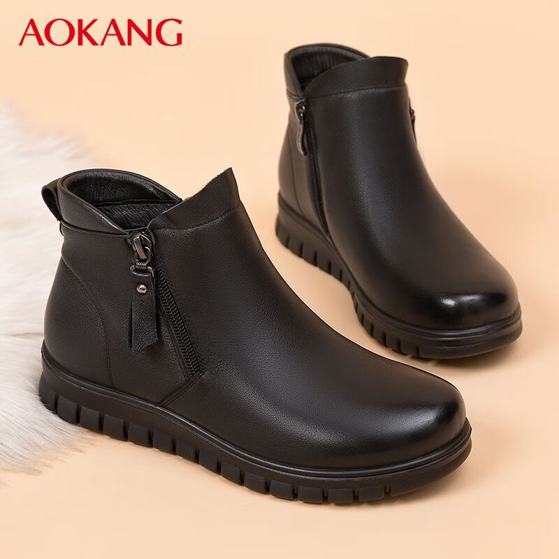 Aokang Women's Winter Flat Ankle Boots Leather Mom Shoes Fleece Lined Warm Cotton Shoes Non-Slip Middle-Aged and Elderly Cotton Shoes MT