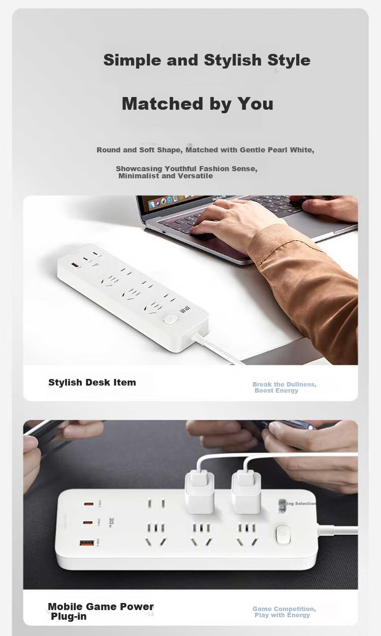 Jingxuan JINGDONG, Own Brand, 30000mAh PD Fast Charging Socket/power Strip/outlet Strip, Type-C Port + USB Port + 6 Sockets, Total Length 1.8 Meters, White, M733UC30 3