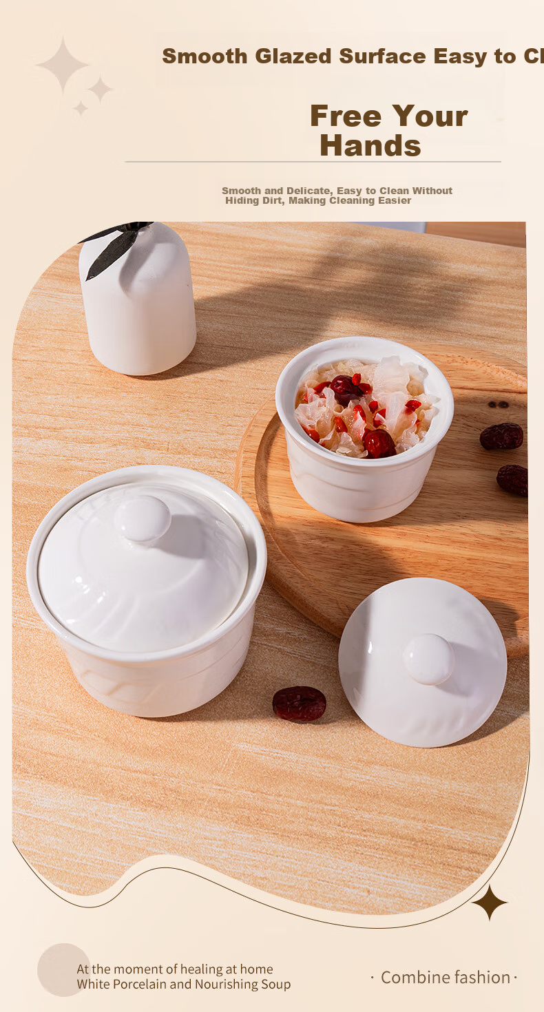 Beisesi Ceramic Bowl, Stew Pot, Small Bird's Nest Cup, Double Boiler Pot, Individual Steaming Bowl, Steamed Egg Cup with Lid, Soup Stew Pot, 200ml 7