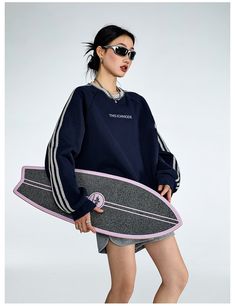 ICH MODE American Style Crewneck Pullover Sweatshirt Vintage Striped Women's Spring Autumn Long Sleeve Loose Sports Jacket Blue M 18