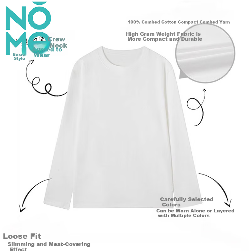 NOME White Pure Cotton Long-Sleeve T-Shirt, Women's Inner Layer for Autumn, Loose-Fitting Round Neck Solid Color Base Shirt, White, M