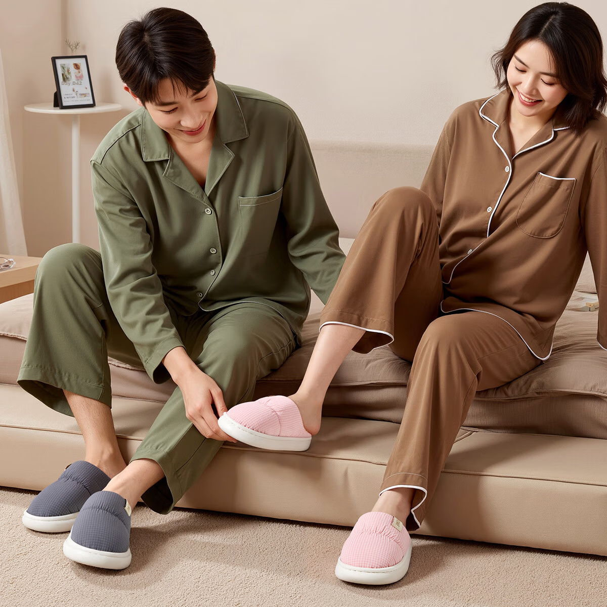 Grace Waterproof Cotton Slippers for Men, Autumn And Winter Indoor Home Use, Fleece-Lined Warm Non-Slip Thick-Soled Stepping-In Couple Cotton Slippers for Wome 3