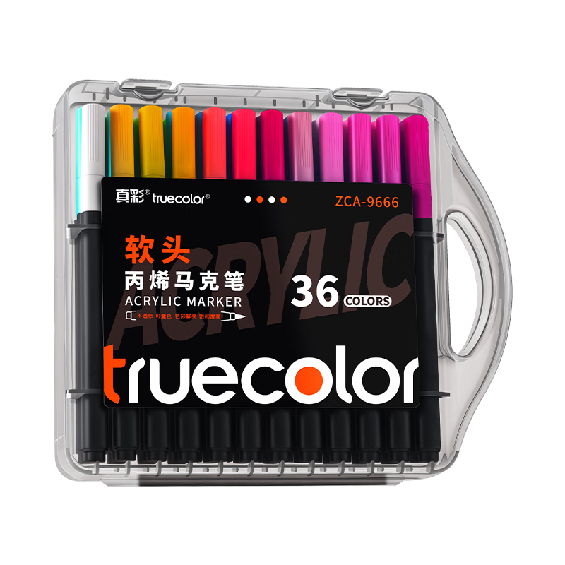 TRUECOLOR 36-Color Small Black Box Soft Tip Acrylic Markers Non-Transparent Layerable Watercolor Pens for Kids Safe Washable Art Supplies 9666