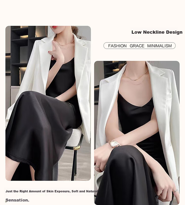 Dme [Glossy Satin Spaghetti Strap Dress], Elegant X-Shaped Spaghetti Strap Midi Dress for Women, Spring And Summer 3