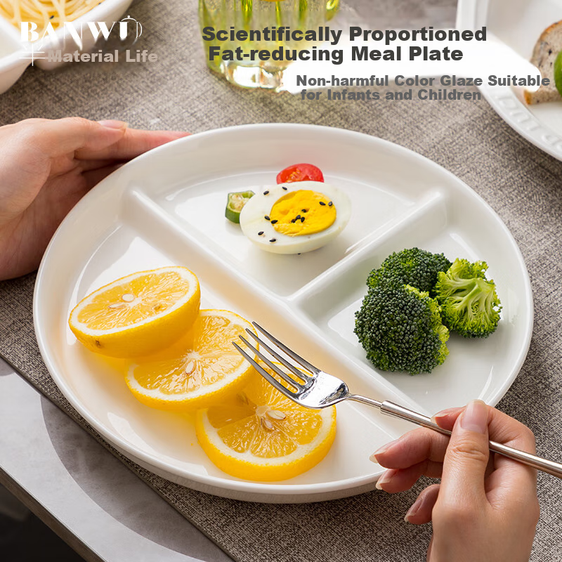Banwushenghuo Ceramic Divided Plate for Weight Loss, 211 Compartments, High-Quality Three-Section Breakfast Plate with Weight Control Desig
